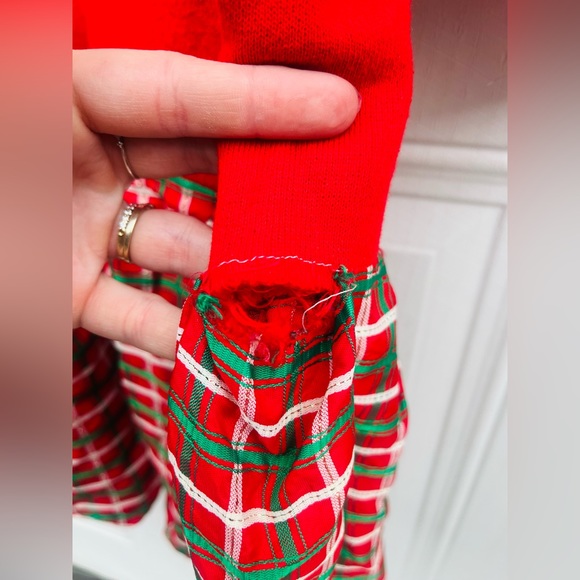 VTG 80s Red Ornamental Holiday Sweatshirt Dress w/Green gold plaid ruffle bottom - Picture 7 of 12